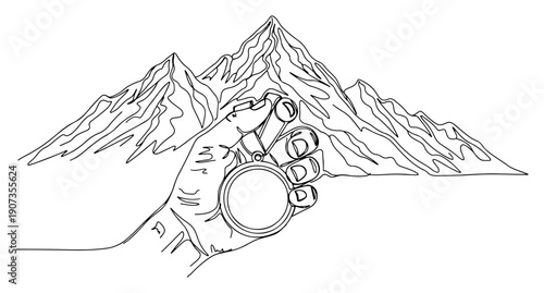 Minimalist continuous line art of a hand holding a compass with a mountain range in the background