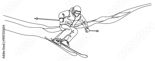 One continuous line drawing of a professional skier sliding down a steep snowy mountain slope during winter
