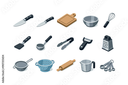 Culinary arts kitchen tools in simple isometric flat vector style: chef knife, paring knife, cutting board, mixing bowl, whisk, spatula, ladle, tongs, peeler