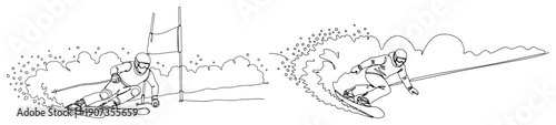 Minimalist single line illustration showing a skier racing through slalom gates and a snowboarder carving powder