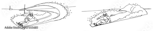 Elegant continuous line drawing of a professional snowboarder carving through gates and sliding on deep snow