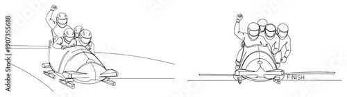Continuous line drawing of a professional four man bobsleigh team celebrating victory at the finish line