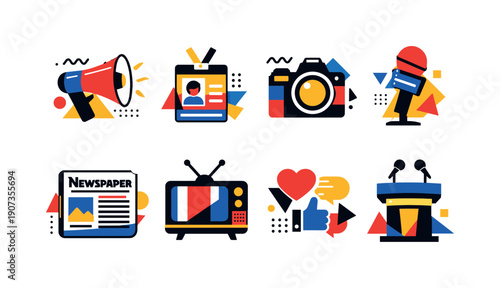 Media and Public Relations in abstract flat style: megaphone, press badge, camera, microphone, newspaper, TV, social media icon object, podium