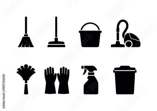 Cleaning Equipment in silhouette style: broom, mop, bucket, vacuum, duster, gloves, spray bottle, trash bin