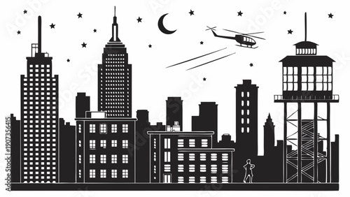 Night City Skyline Silhouette with Helicopter Surveillance for Thriller Movie Posters or Urban Security Web Design Backgrounds