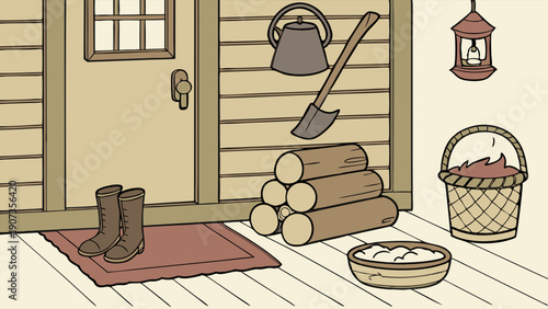 Rustic Cabin Porch Scene with Firewood Axe Boots and Lantern for Cozy Winter Home Decor Website Design
