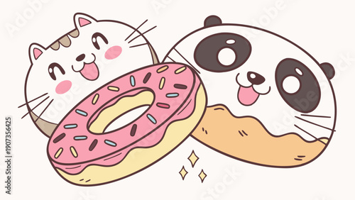 Cute Kawaii Cat and Panda Characters Sharing Pink Frosted Sprinkled Donut for Bakery Cafe Promotion Fun