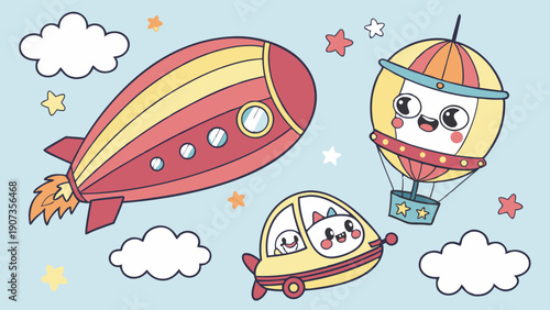 Cute Cartoon Airships and Rocket for Kids Party Invitations Nursery Decor Travel Website Graphics