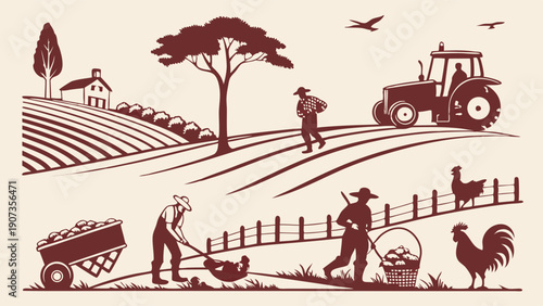 Rustic Farm Agriculture Scene with Farmers Working Fields Tractor Harvesting Crops for Food Production and Rural Lifestyle Design