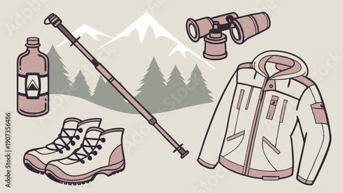 Essential Hiking Gear Illustration for Outdoor Adventure Travel Web Design and Mountaineering Gear Promotion