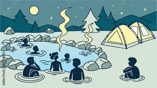 Nighttime Camping Group Relaxing in Steaming Natural Hot Spring Pool Under Moonlit Sky for Travel Relaxation