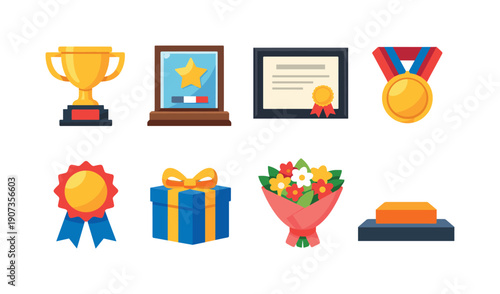 Recognition and achievement items flat style: trophy, award plaque, certificate frame, medal, ribbon badge, gift box, bouquet, display stand