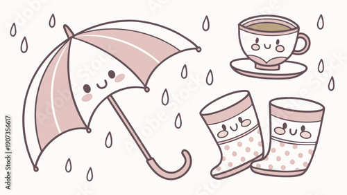 Cute Kawaii Rainy Day Essentials Umbrella Boots Tea Cup Illustration for Spring Weather Blog Graphics and Children's Book Design