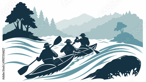 Three Kayakers Navigating Rushing River Rapids for Adventure Travel Brochures Outdoor Recreation Web Banners Summer Fun