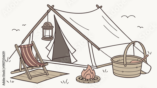 Rustic Canvas Bell Tent Camping Scene with Deck Chair Fire Pit and Supplies for Summer Vacation Adventure Travel