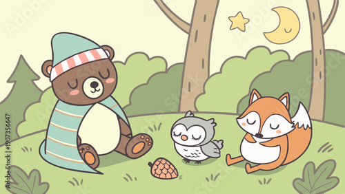 Cozy Woodland Animals Sleeping Under Moonlit Sky for Children's Bedtime Storybook Illustration