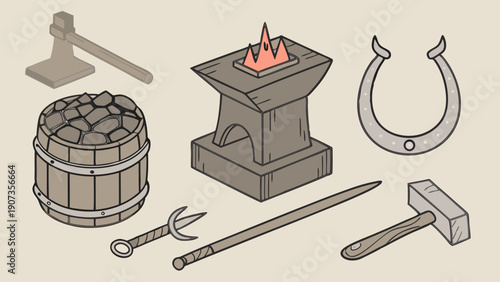 Blacksmith Tools Anvil Forge Coal Horseshoe Axe Hammer Sword for Historical Craftsmanship Design Projects