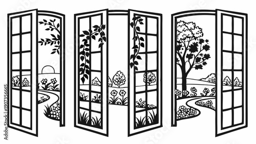 Open Windows Show Lush Garden Landscapes and Winding Paths for Spring or Summer Home Decor Design