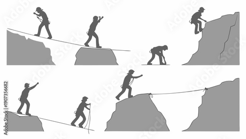 Mountaineering Climbers Overcoming Gaps and Obstacles with Ropes for Adventure Sports Web Design and Outdoor Challenge Illustration