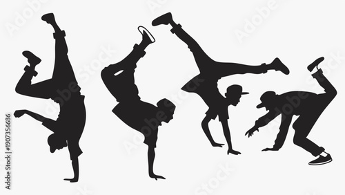 Dynamic B-Boy Breakdancing Silhouettes Performing Power Moves for Urban Dance Event Promotion or Fitness Advertising Campaign