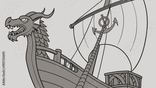 Viking Longship with Dragon Figurehead Sailing for Adventure Epic Fantasy Game Asset Historical Adventure Design