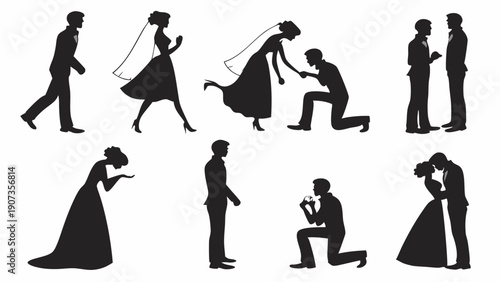 Wedding Silhouette Set Bride Groom Proposal Moments for Marriage Ceremony Invitations Design Celebration