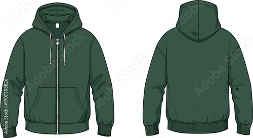 Dark green zip hoodie technical illustration front and back views, casual streetwear apparel design template, cad drawing flat vector isolated
