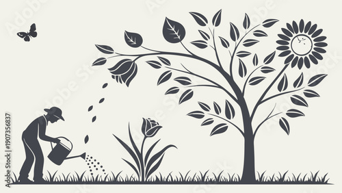 Gardener Watering Seedling Nurturing Growth Tree Flowers Butterfly Symbolizing Spring Development Success for Ecology Projects