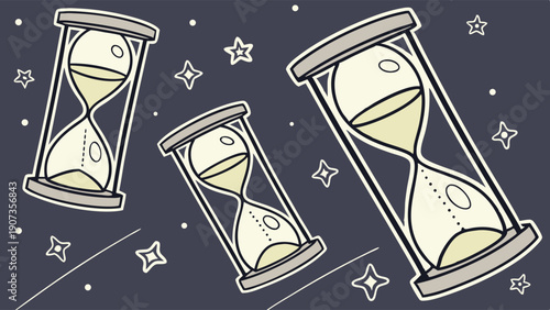 Floating Hourglass Timers in Dark Space Representing Time Management Deadlines and Cosmic Flow for Web Design