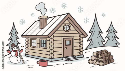 Cozy Winter Cabin Scene with Snowman and Firewood for Holiday Travel Brochures or Seasonal Website Banners