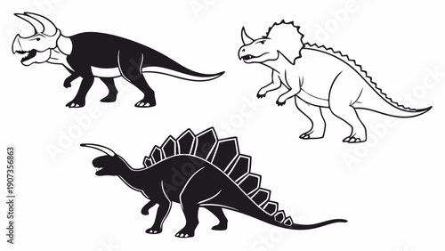 Dinosaur Silhouettes for Kids Education Paleontology Design Elements Triceratops Stegosaurus Vector Illustration