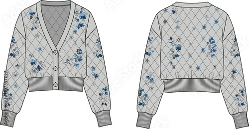 Floral cardigan technical illustration front and back views, womens knitwear fashion design, patterned apparel vector isolated background white studio template