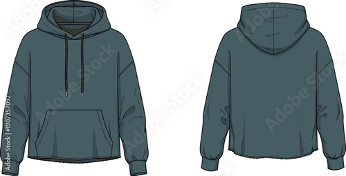 Hoodie sweatshirt technical illustration front and back views, casual streetwear apparel design template, fashion flat vector isolated on white background