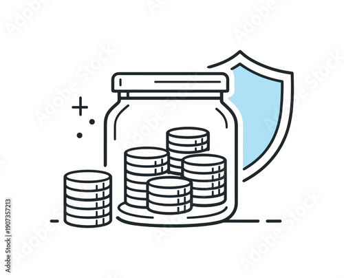 Mindful long-term financial stability and disciplined savings in everyday personal money management focused on security, a closed jar with neatly stacked coins