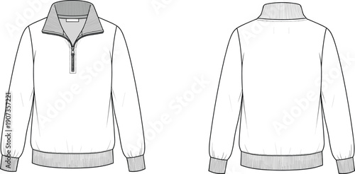 Men half zip sweater technical illustration front and back views, casual knitwear apparel design template, flat vector isolated background white