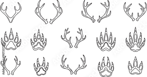 Black line of deer antlers and bear paws animal tracks black line wildlife outdoor symbols