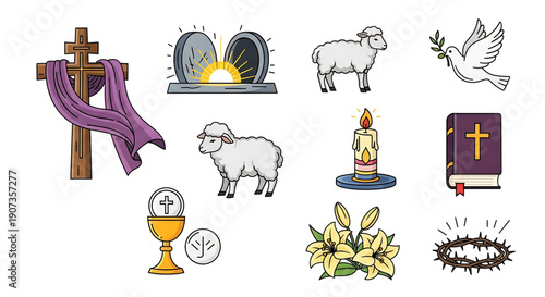 Easter symbols and icons including cross lamb dove holy book crown of thorns easter