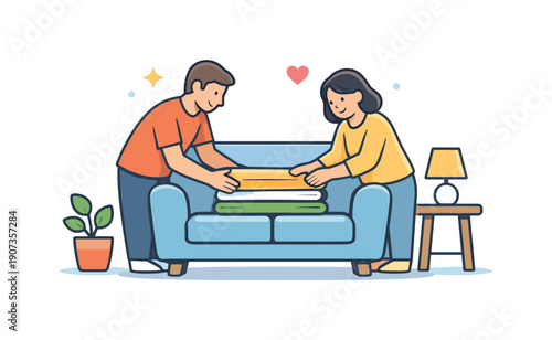 Everyday family care shown through calm shared household routine in a familiar home space, two adults placing folded blankets together on a sofa representing