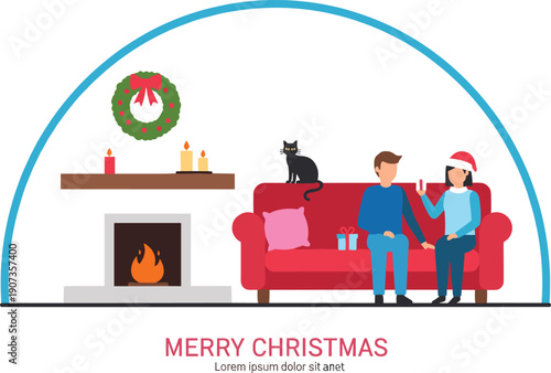 Merry Christmas family celebration at cozy living room illustration, holiday home interior scene with couple, cat, fireplace, flat vector design