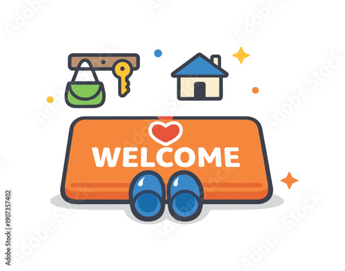 Everyday emotional grounding through keeping the entryway organized and welcoming, a doormat paired with a small heart icon symbolizing arrival and home comfort