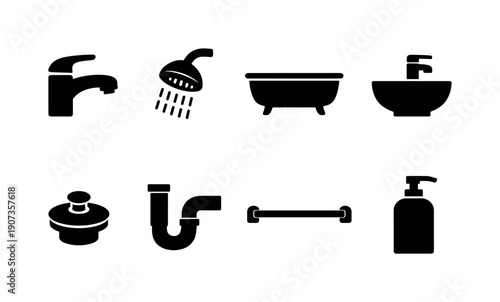 Home plumbing fixtures essentials: faucet, showerhead, bathtub, sink basin, drain stopper, pipe trap, towel bar, soap dispenser
