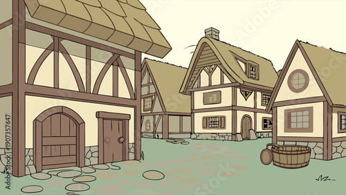 Charming Medieval Village Street Scene for Fantasy Game Design Historical Website Background Illustration