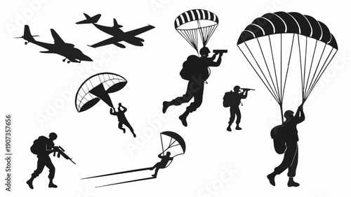 Military Paratroopers Skydiving Silhouette Set Airborne Troop Insertion for Defense, Security, or Adventure Web Design Projects