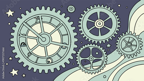 Celestial Clockwork Gears Turning in Night Sky for Time Management Project Planning and Innovation Design