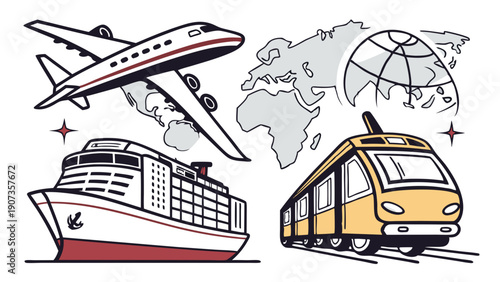 Global Travel Logistics Icons Airplane Cruise Ship Train for Tourism Transportation Industry Web Design
