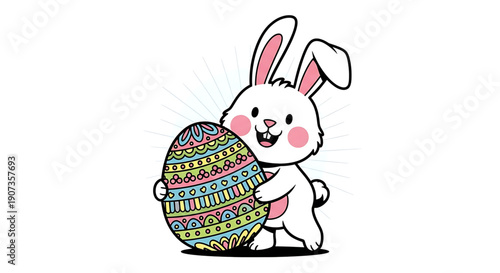 A cute cartoon bunny holding a large colorful easter egg on with pink cheeks and ears easter