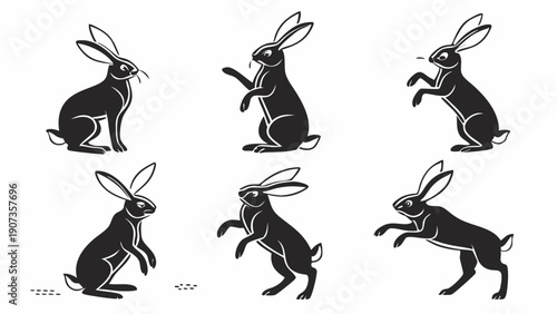 Black Hare Rabbit Poses Set Wildlife Animal Actions for Spring Easter Design Projects