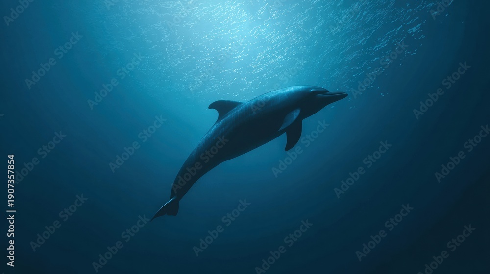 Obraz premium Dolphin Swimming in Open Blue Water With a Simple Background and Clear Water View