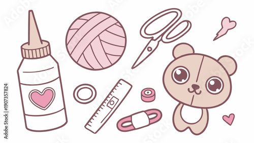 Cute Craft Supplies for DIY Sewing Projects Teddy Bear Making Adorable Kawaii Illustration for Kids Hobbies