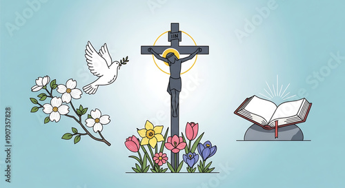 Easter religious symbols with cross, flowers, dove, and holy book on colored background easter